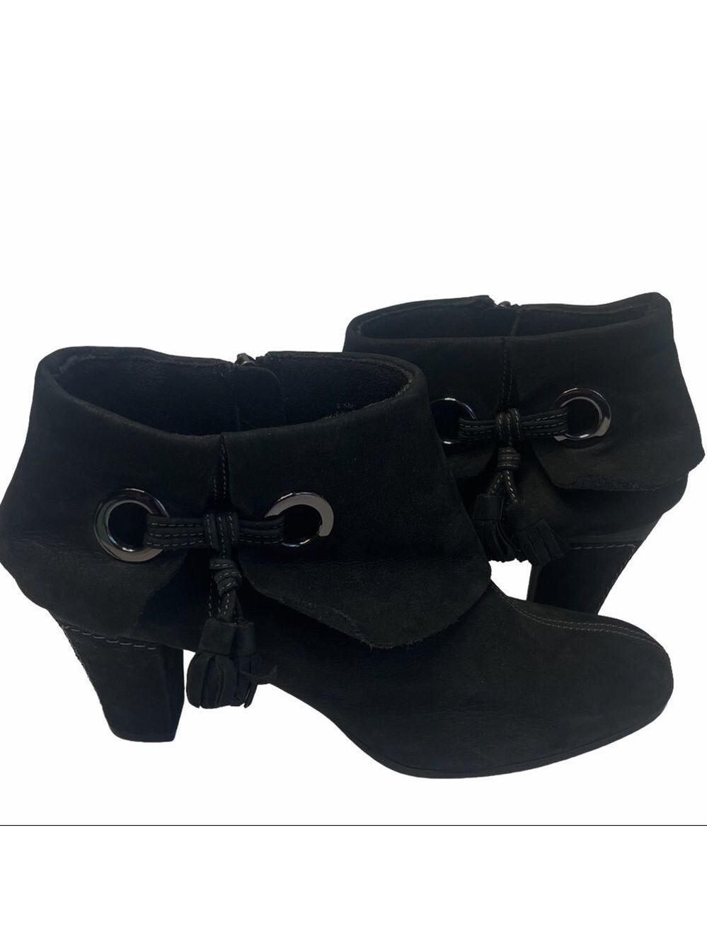 Antra Black Leather Fold Over Covered Heel Tie On Side Booties Ankle Booties